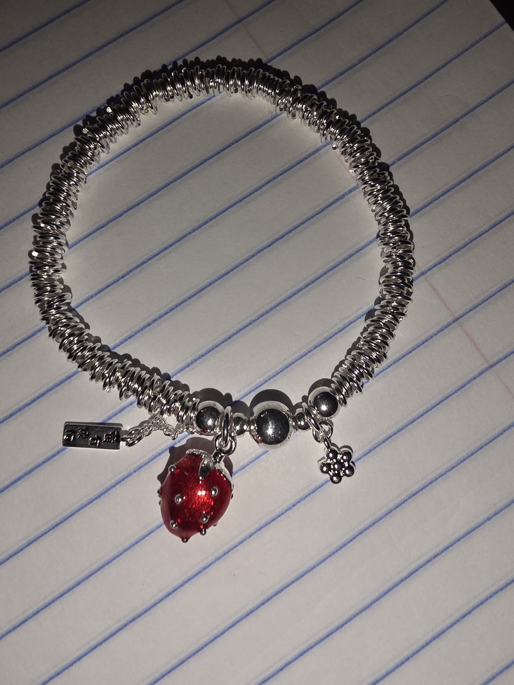 Silver-Tone Stretch Bracelet with Red Strawberry Charm